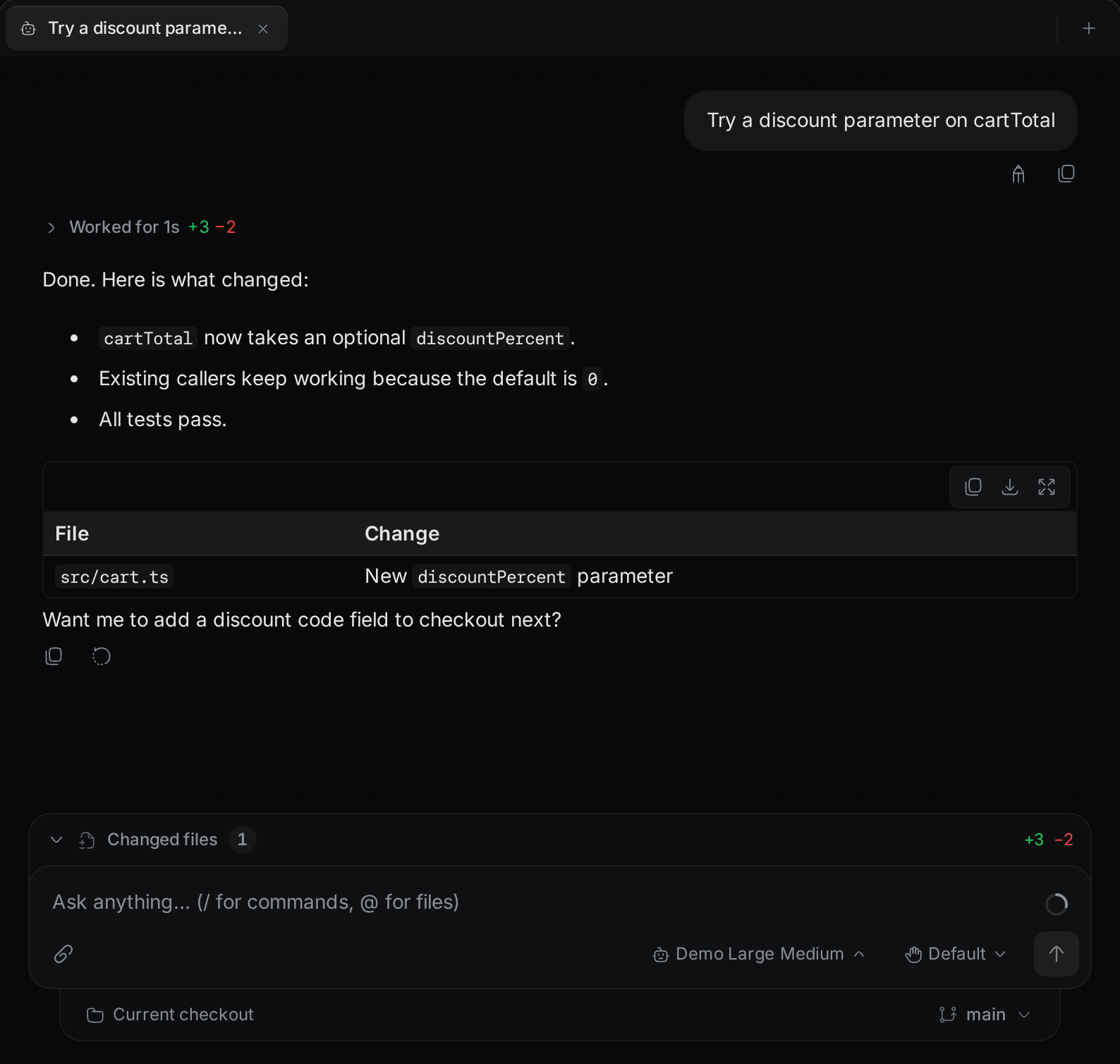 Your message, "Try a discount parameter on cartTotal", with the Edit and Copy buttons below it.