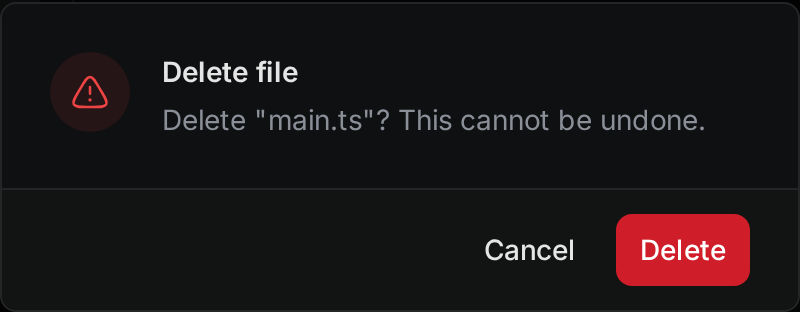 The dialog asks to delete main.ts and says that this cannot be undone