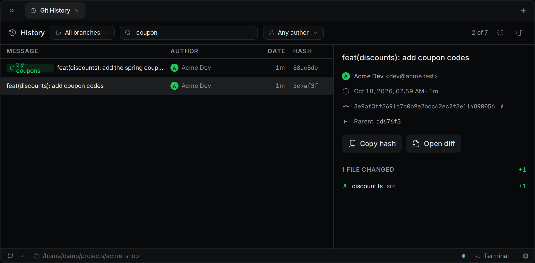 The history filtered by the word "coupon", showing 2 of 7 commits