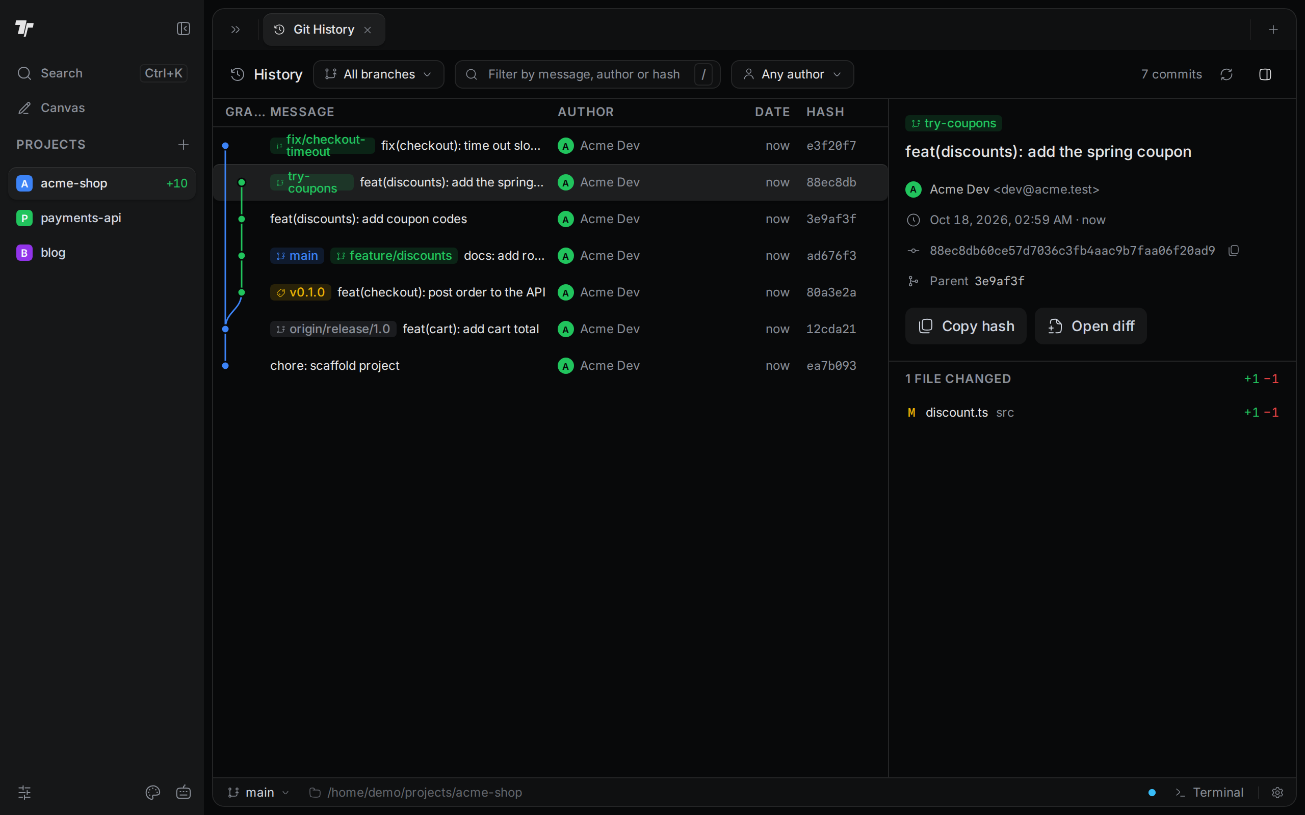 The Git History tab with the commit graph on the left and the details of the selected commit on the right