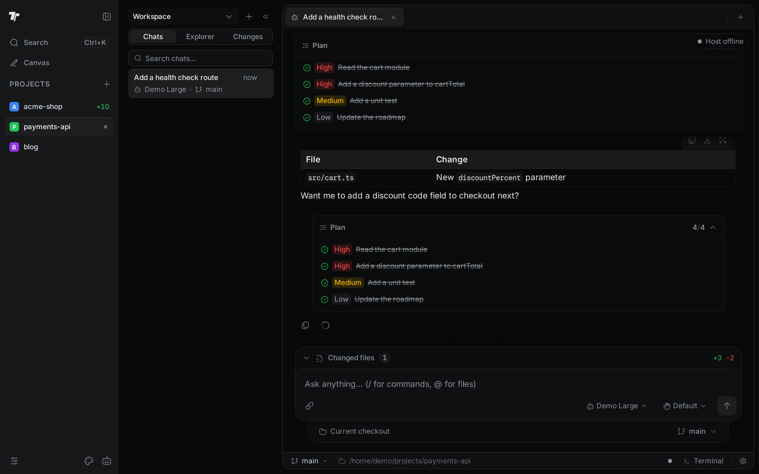 A chat with a Host offline label after the server stopped