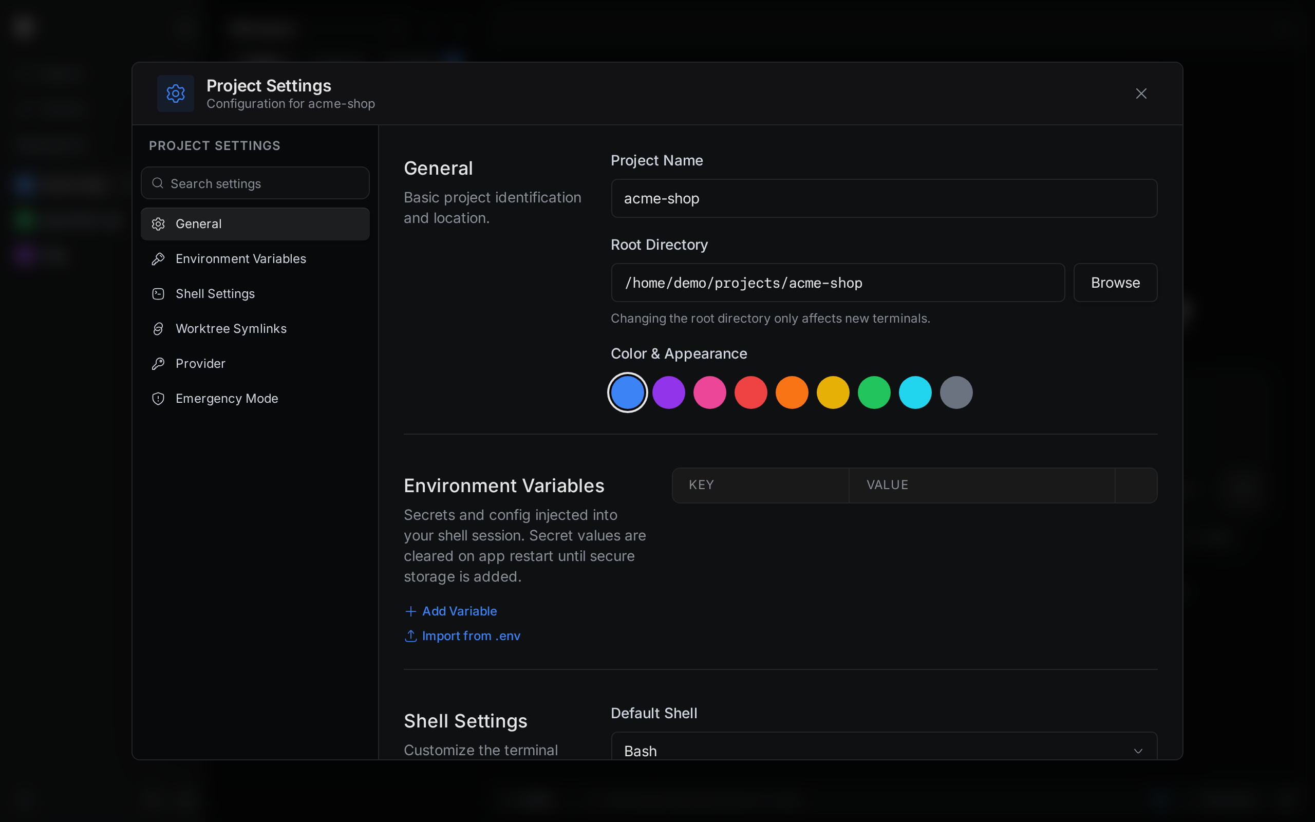 Project Settings for acme-shop, open on the General tab