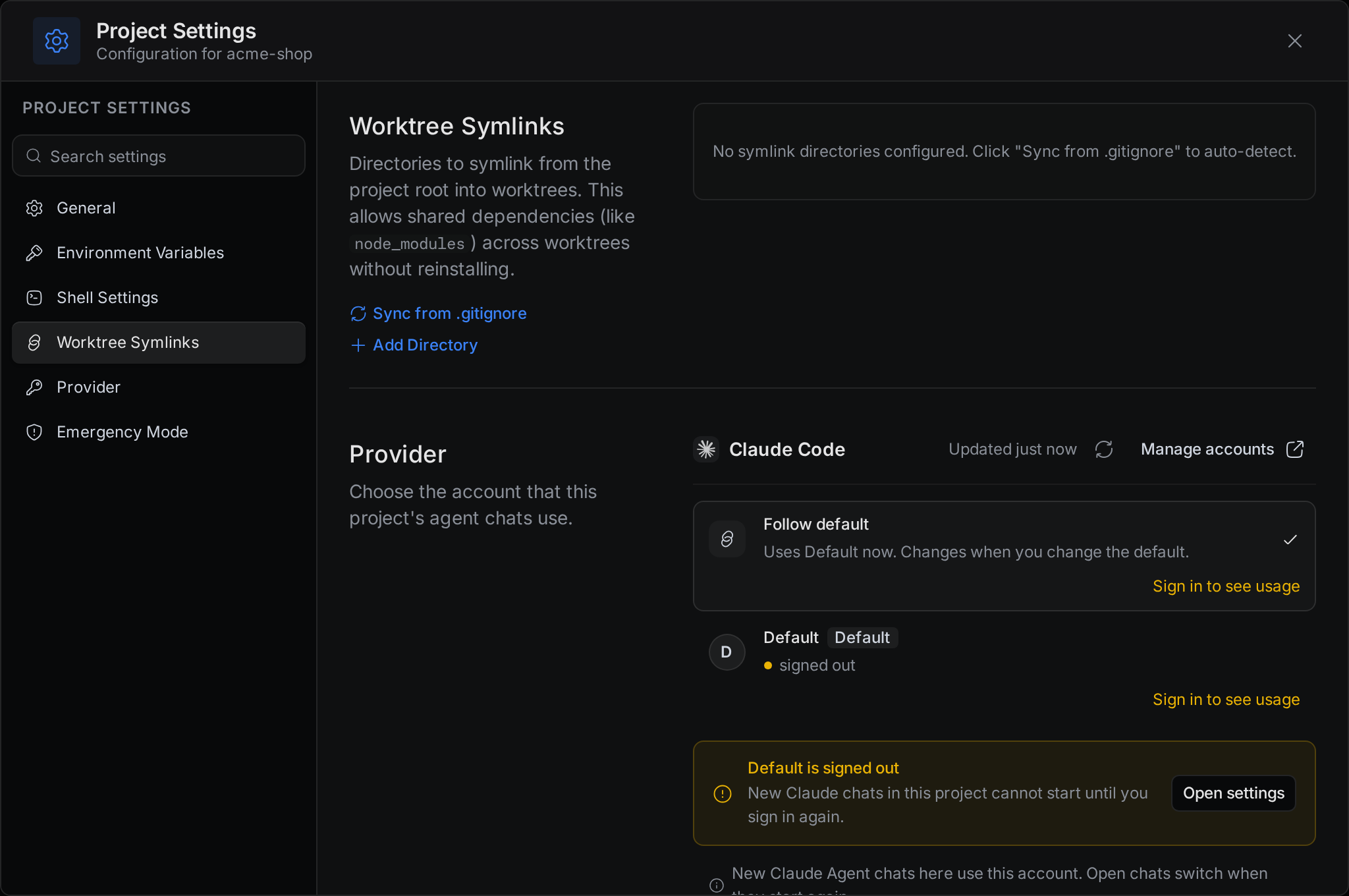 The Worktree Symlinks tab with the Sync from .gitignore and Add Directory buttons