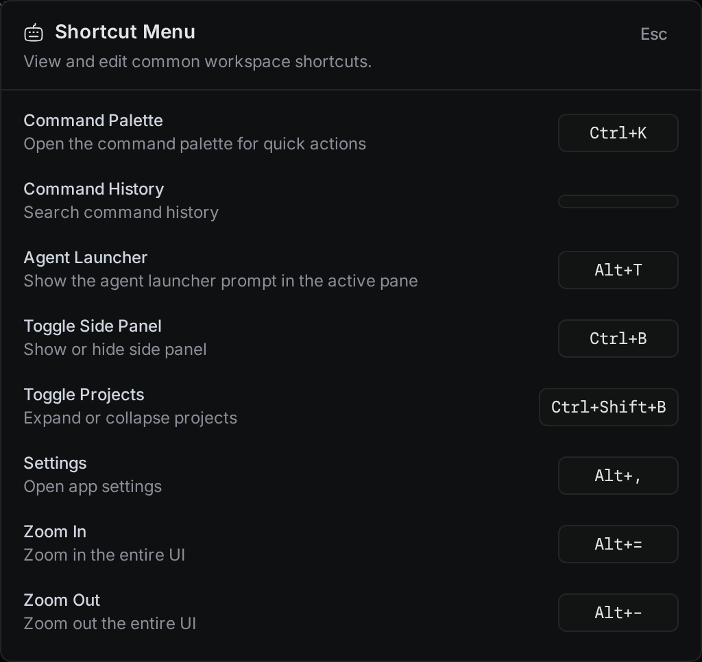 The Shortcut Menu with Command Palette, Agent Launcher, Settings, and zoom shortcuts