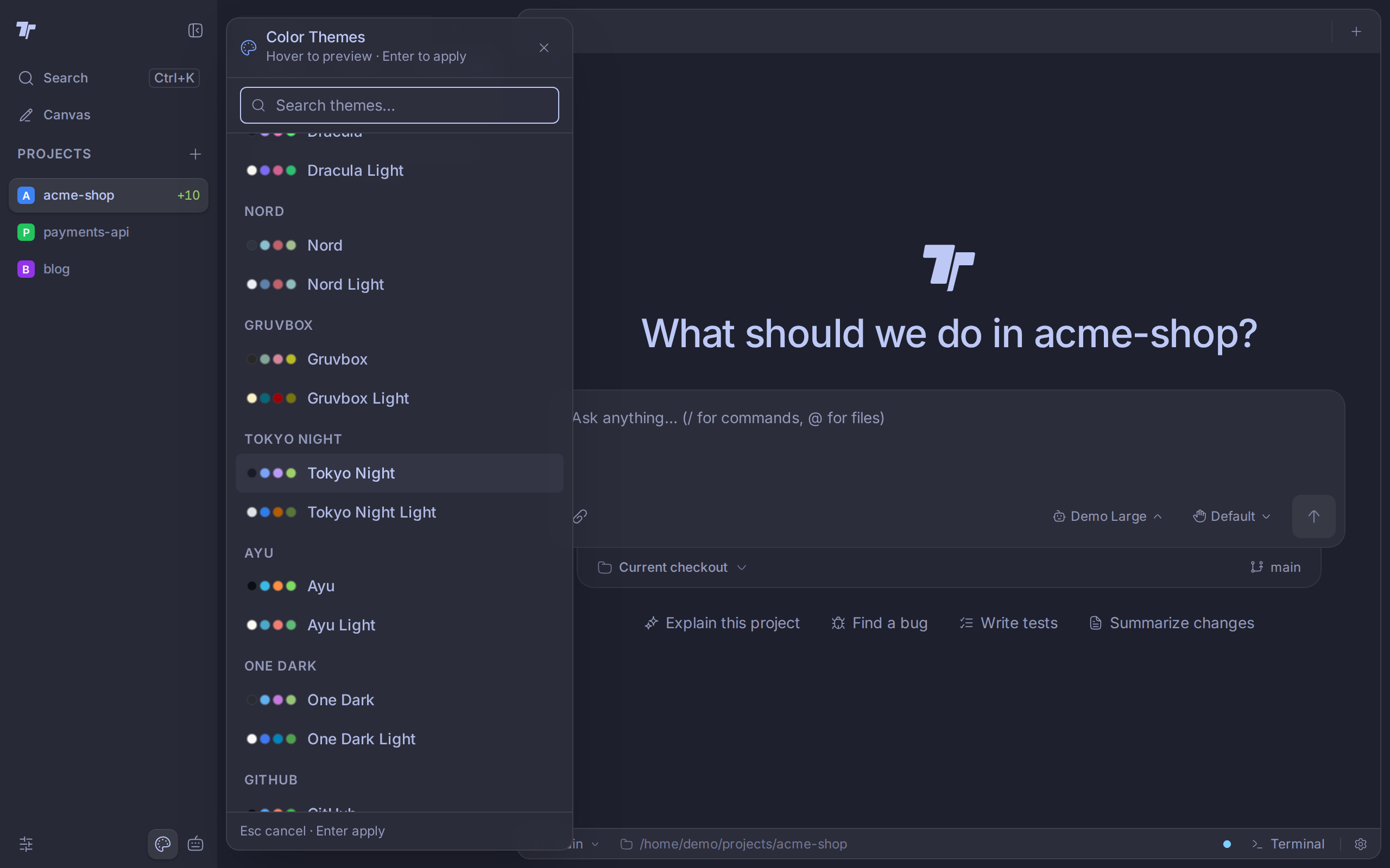 The Color Themes picker next to the sidebar, with Tokyo Night previewed