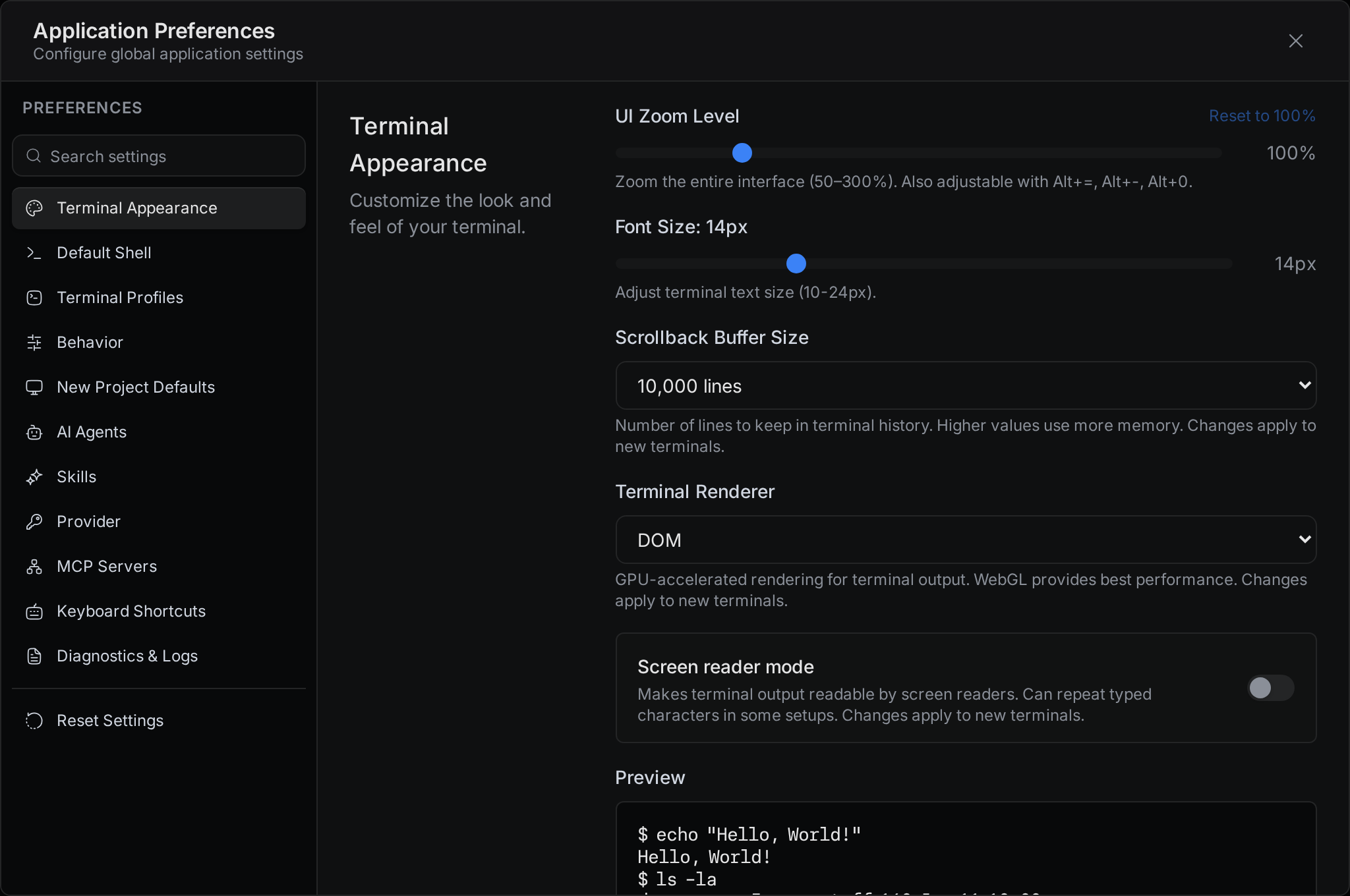The Terminal Appearance section with UI Zoom Level, Font Size, Scrollback Buffer Size, Terminal Renderer, and Screen reader mode